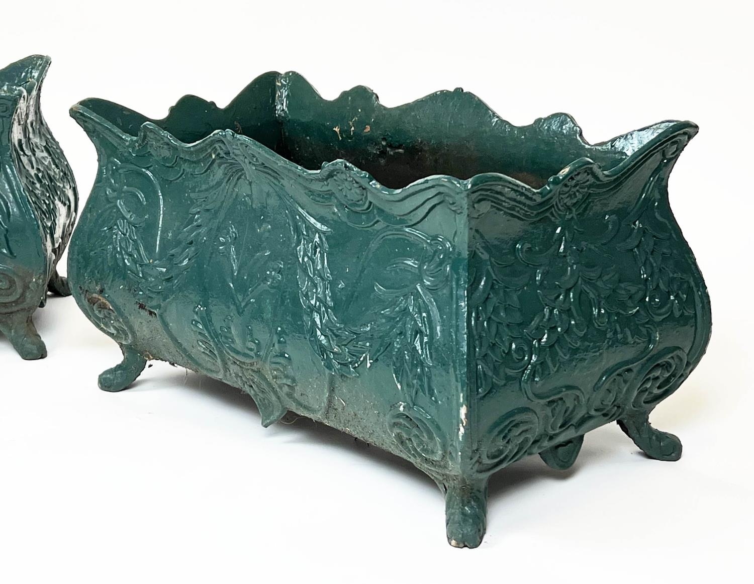 PLANTERS, a pair, 19th century French green painted cast iron, 34cm H x 60cm. (2) - Image 4 of 7