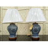 LAUREN RALPH LAUREN HOME TABLE LAMPS, a pair, 60cm H, blue and white ceramic, with shades. (2)