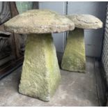 STADDLE STONES, two with weathered finish, tallest 80cm H x 60cm diam. (2)