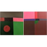 PHIL JOHNS, 'Green light' and 'Rosy' acrylic on canvas, 80cm x 80cm, framed. (2)
