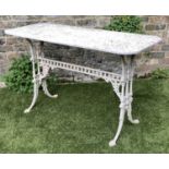 ORANGERY/POTTING TABLE, Victorian with weathered marble and cast iron Aesthetic support, 122cm x