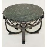 OCCASIONAL TABLE, Art Deco circular antico verde marble on scroll, lattice and ringlet wrought