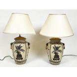TABLE LAMPS, a pair, Italian style, palm tree design ceramic with shades, 70cm H. (2)