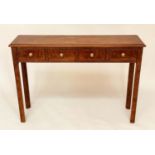 HALL TABLE, George III design burr walnut and crossbanded with four frieze drawers, 109cm x 77cm H x