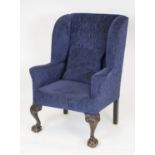 WING ARMCHAIR, 106cm H x 75cm, early 20th century in navy blue chenille.