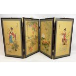 FOUR FOLD CHINESE SCREEN, handpainted on silk with figures bamboo and birds with two matching