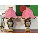 TABLE LAMPS, a pair, bases each 35cm H, blue and gilt procelain with bird detail and gilt metal