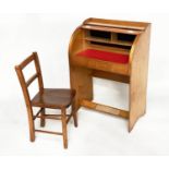CHILD'S BUREAU AND CHAIR, 81cm H x 56cm W x 36cm D, 1970's teak and plywood, with cylindrical