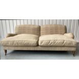 SOFA, Howard style silk weave upholstery down filled cushion pads and turned front supports, 260cm.