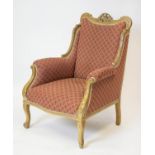 BERGERE, 93cm H x 69cm, circa 1900 in patterned upholstery.