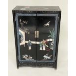 CHINESE SIDE CABINET, lacquered with incised polychrome Chinoiserie decoration and two panel