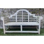 LUTYENS STYLE GARDEN BENCH, weathered teak of slatted construction, 165cm W.