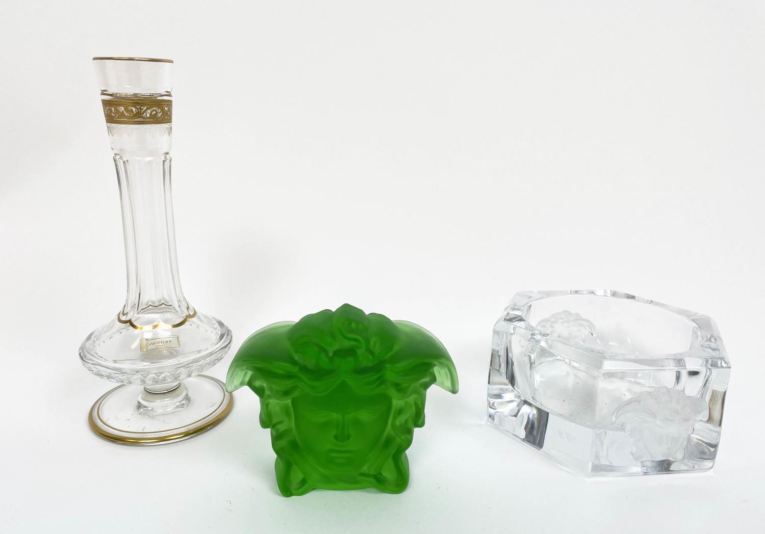 ROSENTHAL VERSACE MEDUSA PAPERWEIGHT, green crystal with a rosenthal clear crystal Versace medusa