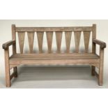 GARDEN BENCH, weathered teak of slatted construction with triangular splat back, 140cm W.