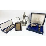 MAPPIN AND WEBB SILVER PLATE CHRISTENING SET, a Continental silver handled fish knife set boxed,