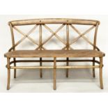 HALL SEAT, Oka style ash bentwood with X lattice back and woven cane seat, 135cm W.