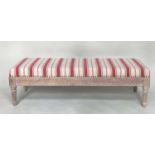 WINDOW SEAT, French woven striped linen and brass studded upholstery on carved lined support,