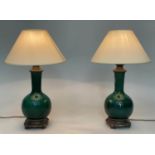 TABLE LAMPS, a pair, Chinese emerald green ceramic and bronze mounted of gourd vase form with