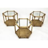LAMP TABLES, a set of three vintage bamboo and cane bound with hexagonal glass tops, 39cm H x 51cm x