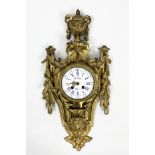 CARTEL CLOCK, 19th century Louis XVI style ormolu urn finial above enamel face with swags and mask