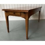 FARMHOUSE HARVEST TABLE, 19th century cherrywood planked and cleated with two additional drawleaves,