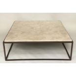 TRAVERTINE LOW TABLE, Italian marble square raised upon wrought iron support, 120cm x 120cm x 40cm