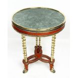 LAMP TABLE, French Louis XVI style red lacquered and gilt decorated with a circular verde antico