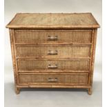BAMBOO CHEST, framed and cane panelled with three long drawers, 86cm W x 50cm D x 78cm H.