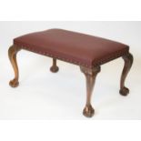 STOOL, 49cm H x 93cm x 63cm, Georgian style mahogany and burgundy leather.