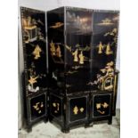 CHINESE FOUR FOLD BLACK LACQUER SCREEN, with raised bone inlay depicting figural garden scenes and
