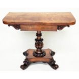 TEA TABLE, William IV flame mahogany, foldover with carved pillar and platform base, 91cm x 45cm x