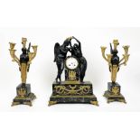 CLOCK GARNITURE, French Empire style 19th century, verde antico marble with two matching branched
