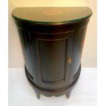 DEMI LUNE SIDE CABINET, 93cm H x 81cm W x 41cm D, 19th century black painted with door enclosing