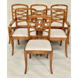 DINING CHAIRS, a set of six, early 20th century Art Deco period walnut with lattice backs and calico