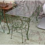 GARDEN TABLE, 77cm D x 153cm L x 77cm H, green painted verdigris style frame with a glass top and
