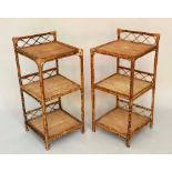 BAMBOO LAMP TABLES, a pair, 1970's bamboo framed and cane panelled with three tiers and upstand,