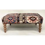 KELIM FOOTSTOOL BY GEORGE SMITH, rectangular kelim upholstered with turned tapering supports,