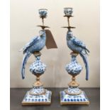 CANDELABRA, a pair, 48cm H, in the form of cockatoos, blue and white ceramic, gilt metal mounts. (2)