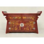 CHINOISERIE CABINET, scarlet lacquered with gilt decoration, upstands, two drawers and two doors,