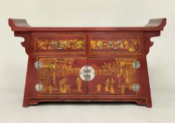 CHINOISERIE CABINET, scarlet lacquered with gilt decoration, upstands, two drawers and two doors,