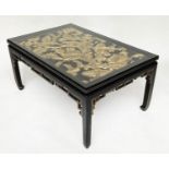 LOW TABLE, Chinese lacquered and gilt, rectangular with carved giltwood foliate panel and glass top,