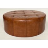 CENTRE STOOL, circular buttoned tan brown leather, 109cm W x 42cm H.