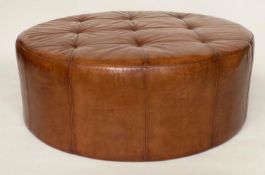 CENTRE STOOL, circular buttoned tan brown leather, 109cm W x 42cm H.