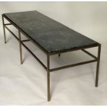 LOW TABLE, 1960s rectangular variegrated green marble on patinated verdigris gilt metal support,