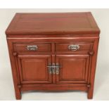 CHINESE CABINET, early 20th century scarlet lacquered firwood with silvered mounts, two drawers