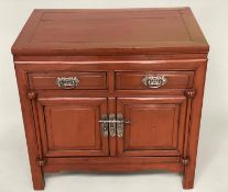 CHINESE CABINET, early 20th century scarlet lacquered firwood with silvered mounts, two drawers