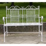 GARDEN BENCH, painted wrought iron with high back and arms, 106cm W x 100cm H.