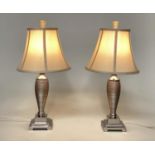 TABLE LAMPS, a pair, French style spun woven metal columns and plinths bases (with shades), 60cm