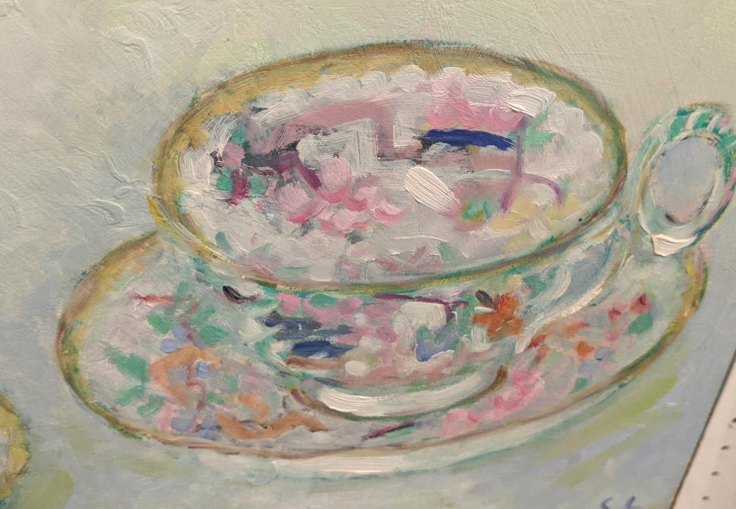 SUSANNA LINHART (1931-2021) 'Still Life with cups and saucers', oil on paper, 38cm x 46cm, framed. - Image 3 of 4