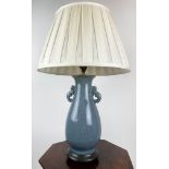 CHINESE HU FORM VASE LAMP, blue monochrome craquelure finish with silk shade. 60cm H